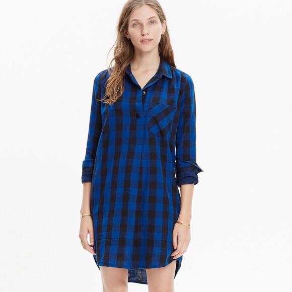 Madewell Dresses & Skirts - Madewell Latitude Royal Blue Black Buffalo Check Tunic Shirtdress Dress sz XS
